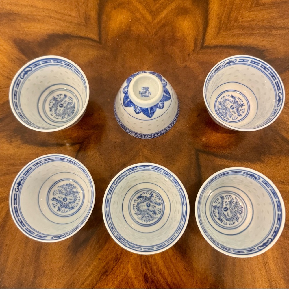 6 Chinese Jingzezhen Rice Grain Porcelain Bowls Hand Painted Dragon Design - Picture 7 of 10